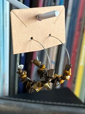 Rock & Vibe Tiger Eye Gemstone Silver Hoop Earrings Brown Boho Hippie Bohemian